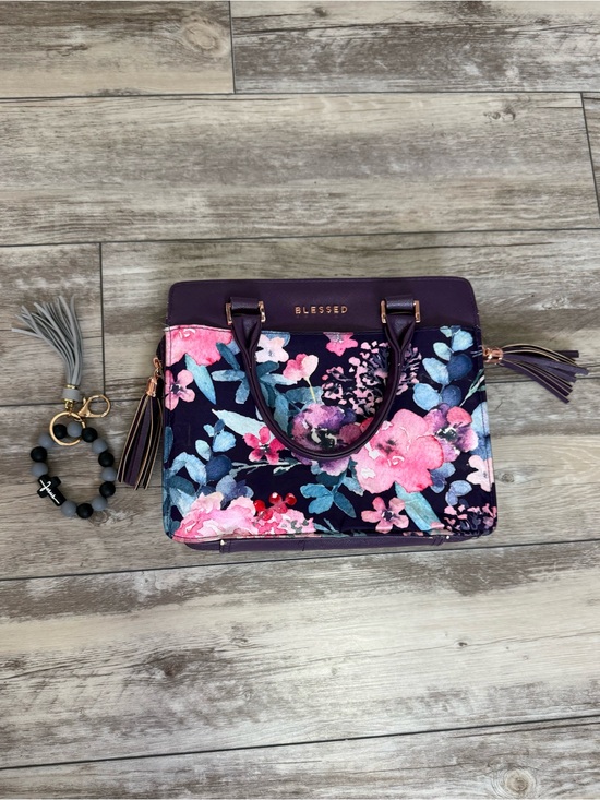 Handbags - Floral 'Blessed' Purple Top-Handle Bible Bag w/ Keychain